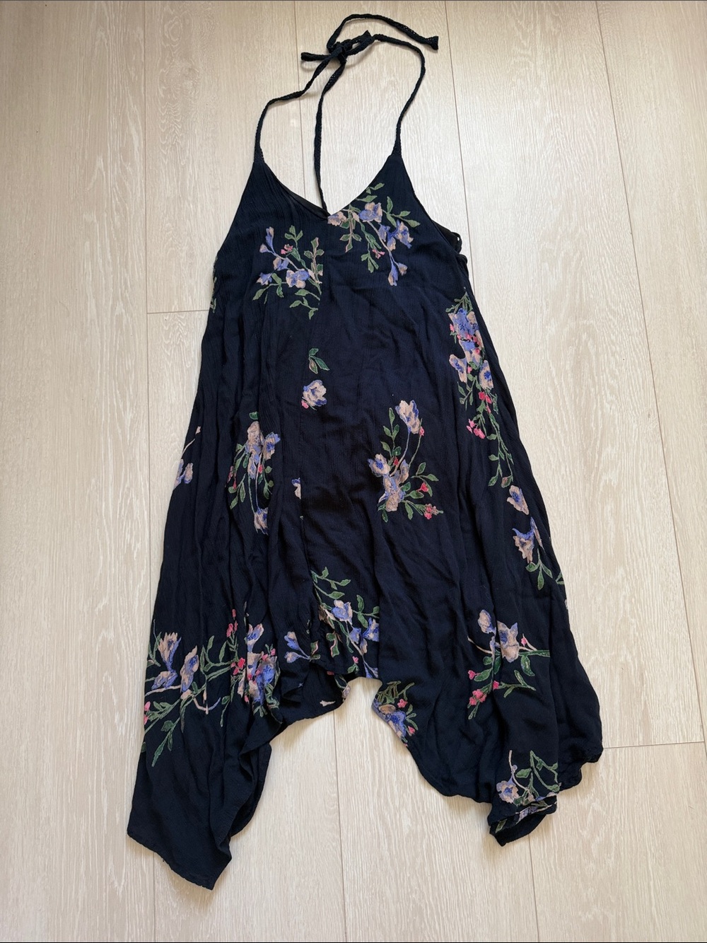 O'Neill Black Floral Asymmetrical Slip Dress with Pink & Green Accents - Picture 4 of 9